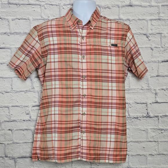 Eddie Bauer Shirt Mens Size Medium Short Sleeve Button Down Peach color Plaid - Picture 1 of 16